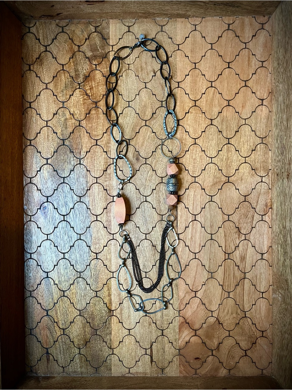 Terracotta & Bronzed/Blackened Silver Mixed-Link Necklace with Wooden Beads